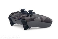 PlayStation 5 DualSense gray camouflage, top view highlighting ergonomic grip and controls.