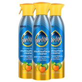 Pledge antibacterial multisurface spray on wood furniture cleans and freshens with a citrus scent.