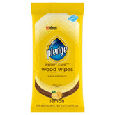 Pledge Expert Care Wipes lemon packaging demonstrates quick surface cleaning and protection.