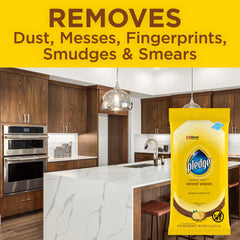 Pledge Expert Care Wipes lemon polishing gloss on wooden surfaces.