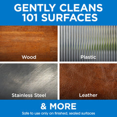 Pledge on sealed wood surface demonstrates gentle cleaning without dullness