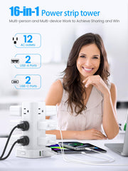 Pluackg Tower Power Strip showing 12 outlets and surge protection for multiple devices