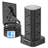 Pluackg tower power strip front view showing 12 outlets for all-in-one charging.