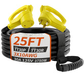 PlugSaf 25ft 30A RV extension cord stretched across a campsite, ready for use.
