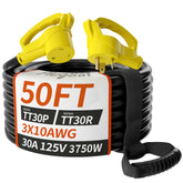PlugSaf 50ft 30A RV extension cord with grip handle for easy outdoor plug-in