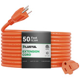 PLUGTUL outdoor extension cord 50 ft orange coiled for easy yard setup and handling.