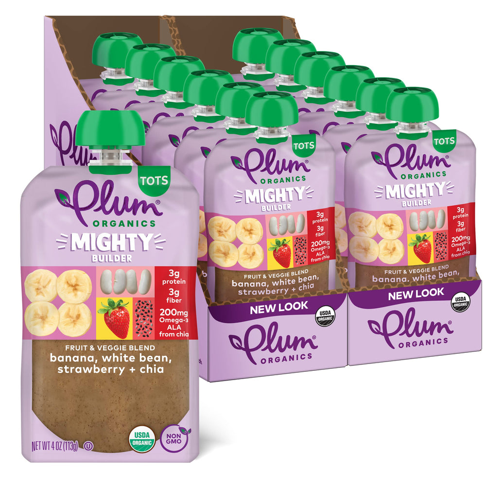 Plum Organics Mighty Builder banana-white-bean-strawberry-chia pouch—organic toddler snack on the go