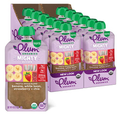 Plum Organics Mighty Builder banana-white-bean-strawberry-chia pouch—organic toddler snack on the go