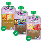 Plum Organics Mighty Builder mango-banana-bean-chia pouch for on-the-go snacking.