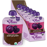 Plum Organics Stage 1 prune puree pouch open for on-the-go feeding.