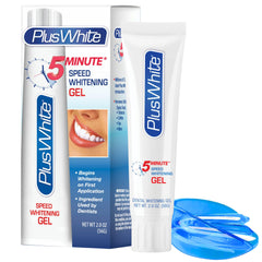 Plus White 5 Minute Gel with multiple application methods for quick whitening.