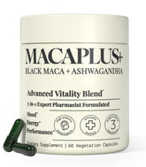 Plus+Ultra Black Maca root capsule bottle showing potent maca power for daily energy