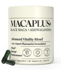 Plus+Ultra Black Maca root capsule bottle showing potent maca power for daily energy