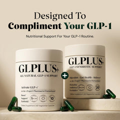 Plus+Ultra GLP-1 Support capsule close-up showing a 20-in-1 formula.