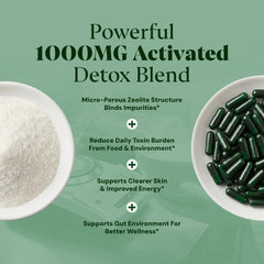 Plus+Ultra activated charcoal binder capsule illustrating toxin binding in GI tract.
