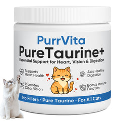 Plynxe PurrVita Taurine cat powder bottle for simple daily supplementation.
