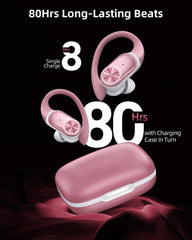 PocBuds Rose Gold charging case with digital display showing battery status