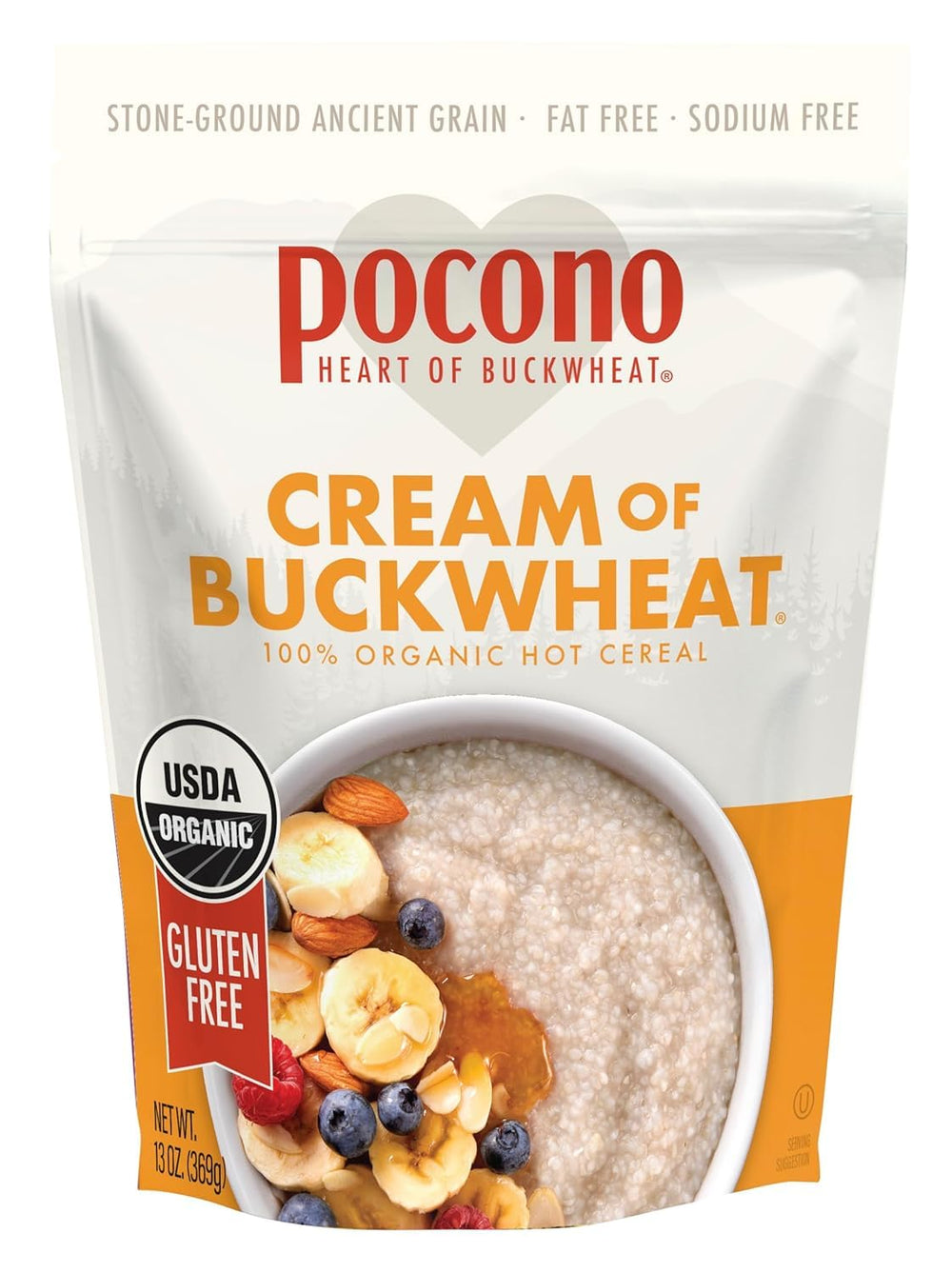 Pocono Cream of Buckwheat Cereal 13 oz pack; organic gluten-free breakfast staple.