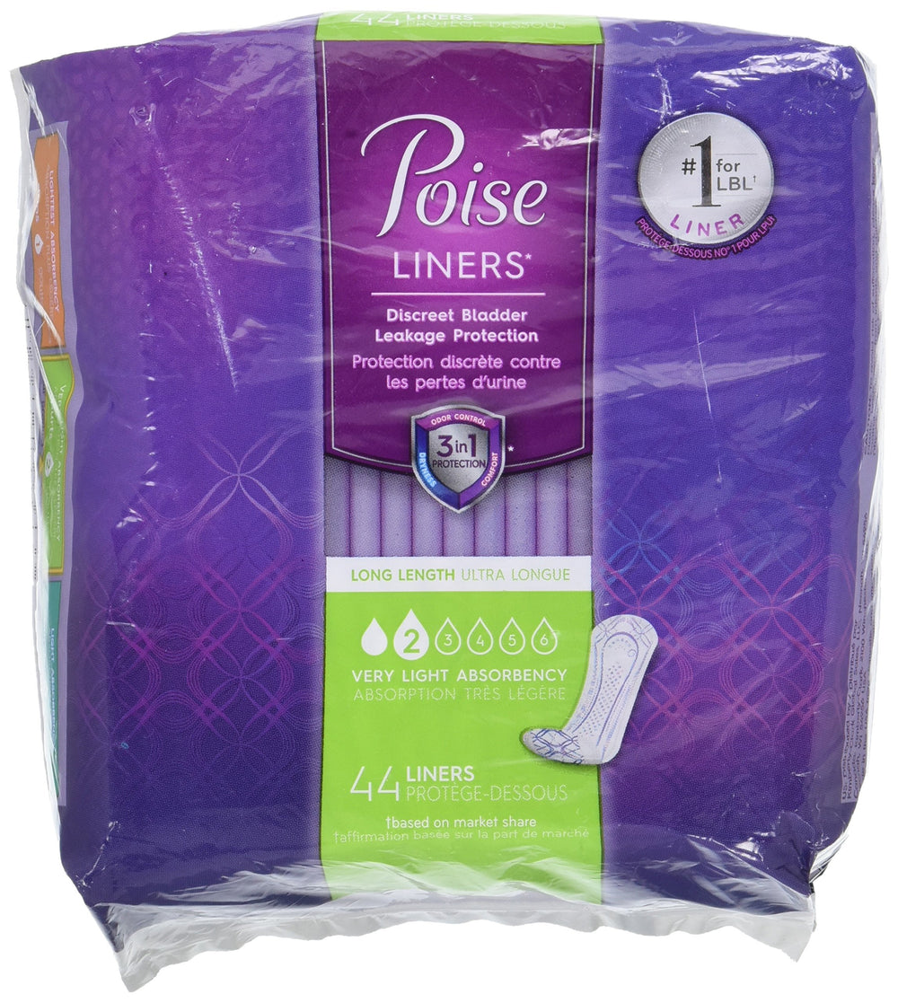 Poise long-length panty liner 44-count provides all-day lightweight moisture protection.