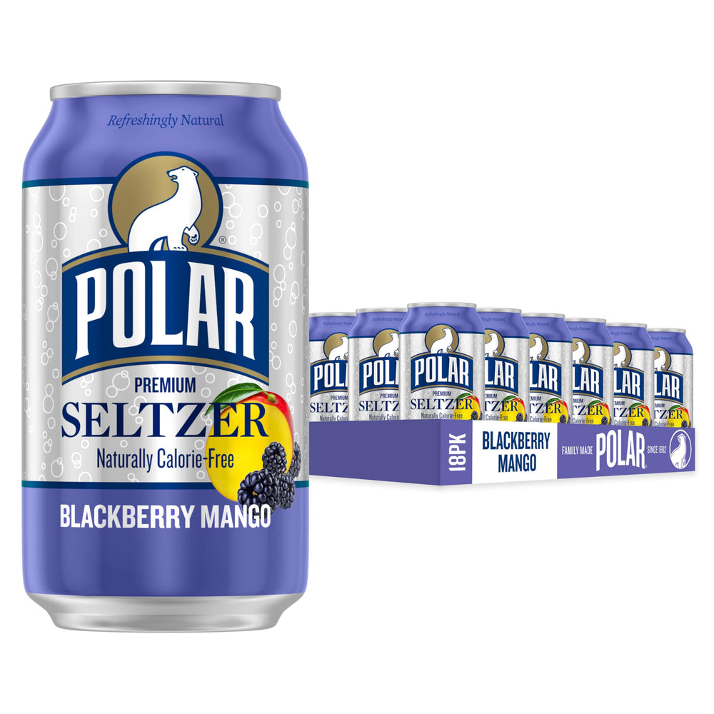 Polar Seltzer Blackberry Mango bubbles showcase vibrant fizz for refreshing hydration and flavor.