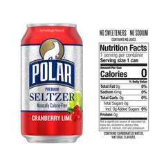 Close-up of Polar Seltzer Cranberry Lime cans showing lively bubbles.