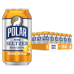 Polar Seltzer Orange Vanilla being poured into a glass, crisp, zero-calorie refreshment.