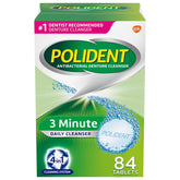 Polident 3 Minute Denture Cleanser tablets in box for quick daily cleaning