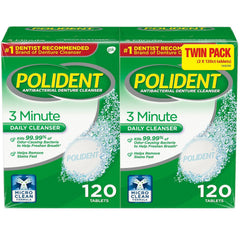 Polident 3 Minute tablets dissolving rapidly to start denture cleansing.