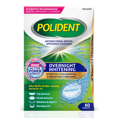 Polident Overnight Whitening bubbles clean dentures for a refreshed feel.