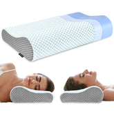 Polovo memory foam pillow full view in blue and grey offers all-night comfort.