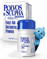 Polvos de Sulpha first aid powder bottle front for on the go care.