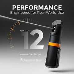 POM pepper spray at 10 ft range for deterrence and distance.