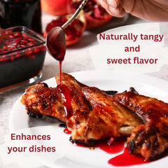 Pomegranaze molasses drizzle over greens demonstrates a glossy finish and flavor lift.