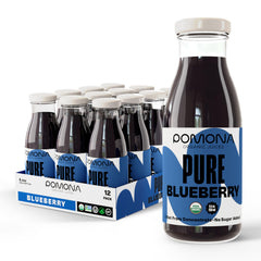 Pomona Blueberry Juice bottle shows a 100% organic, cold-pressed one-ingredient formula.