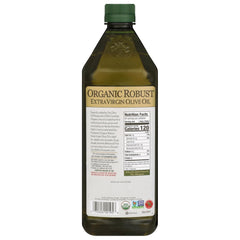 Pompeian Organic Robust EVOO glass bottle tilted, perfect for pouring marinades.