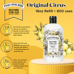 Poo-Pourri bottle front view highlighting a compact, space-saving design.