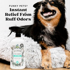 Poo-Pourri Pet-Pawsitively Fresh air-fabric spray shown for multi-surface deodorizing.