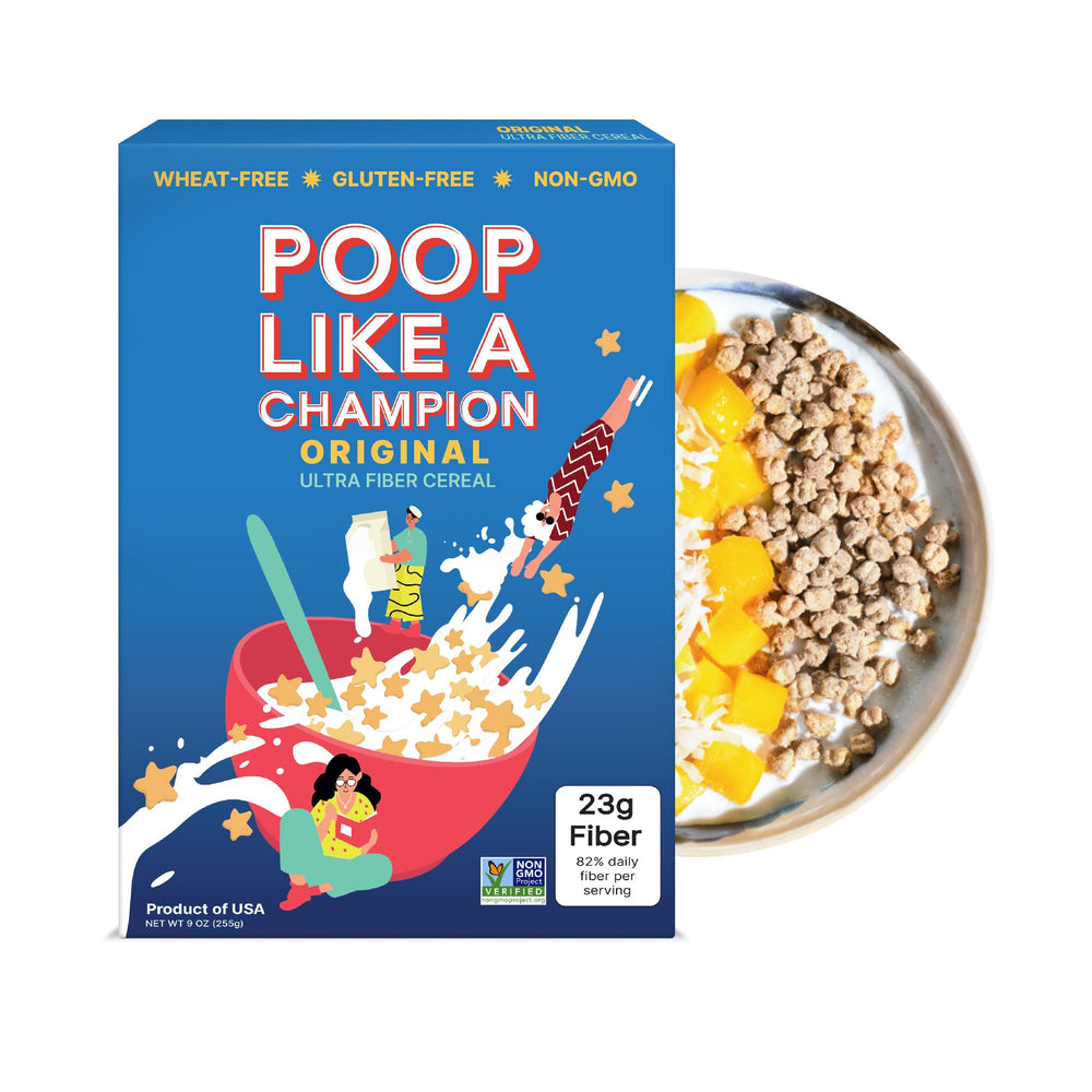 Poop Like A Champion bowl of cereal highlighting a high-fiber breakfast option.