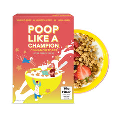 Poop Like a Champion Cinnamon Toast cereal box front highlighting gluten-free, keto-friendly breakfast