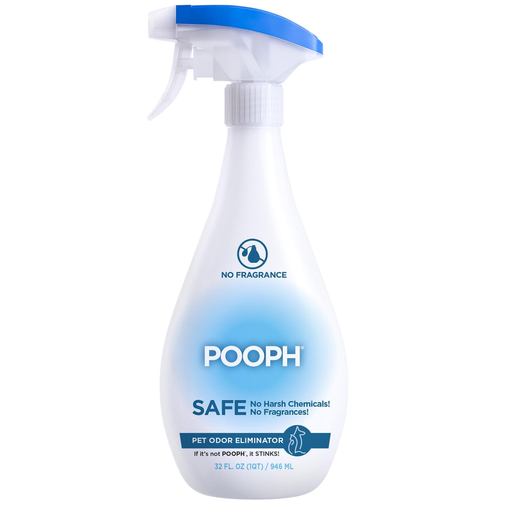 POOPH bottle close-up demonstrating fragrance-free odor elimination for homes with pets