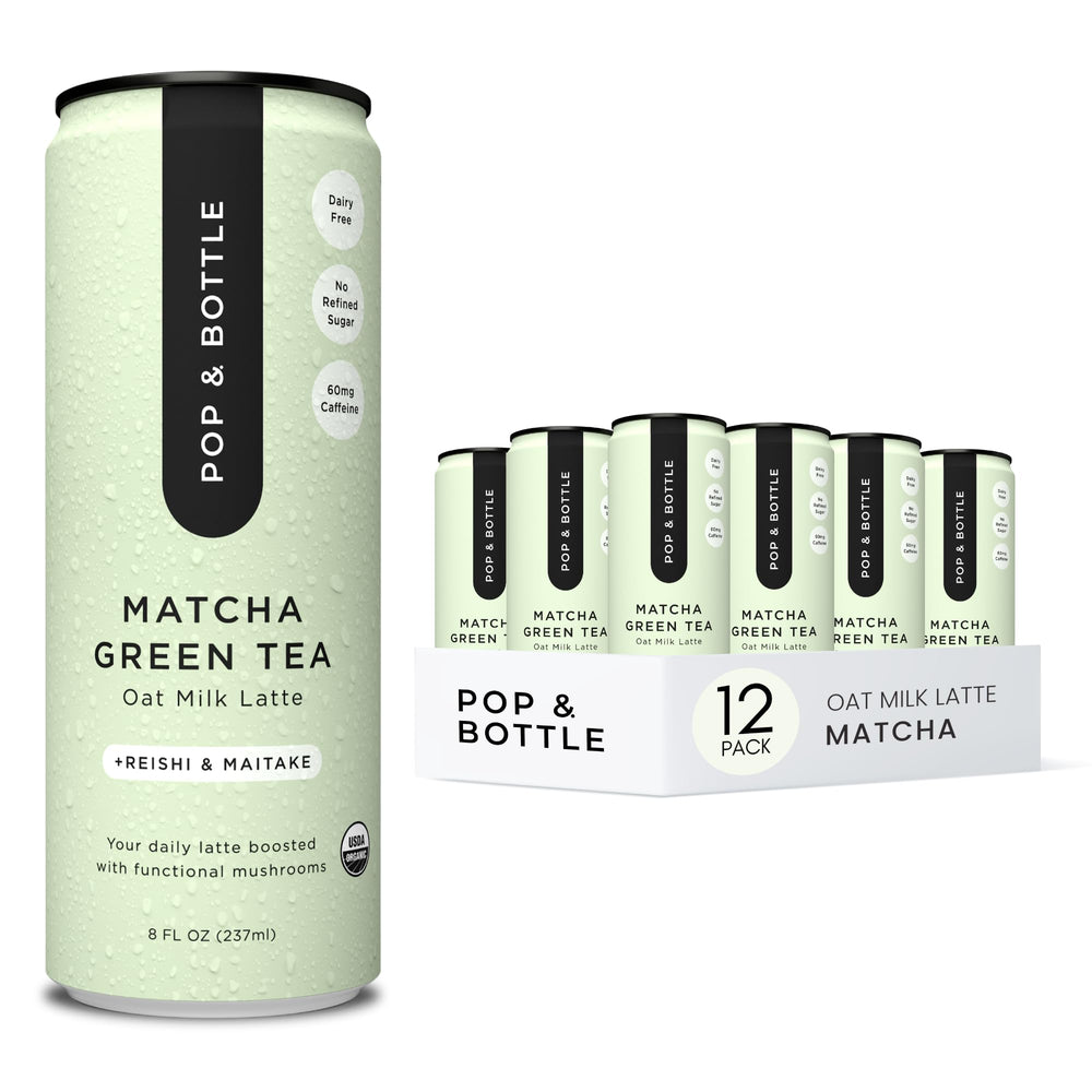 Pop & Bottle matcha reishi oat milk latte can with clean ingredients