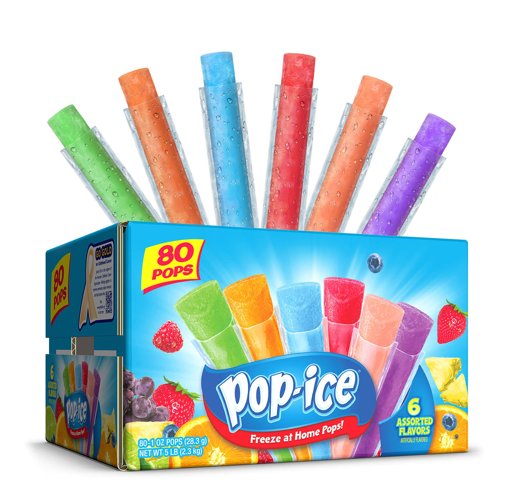 Pop Ice 80-count variety box displays six flavors for family snacking.