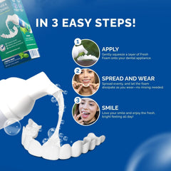 POP ON VENEERS whitening foam applied to a dental appliance for a brighter look.