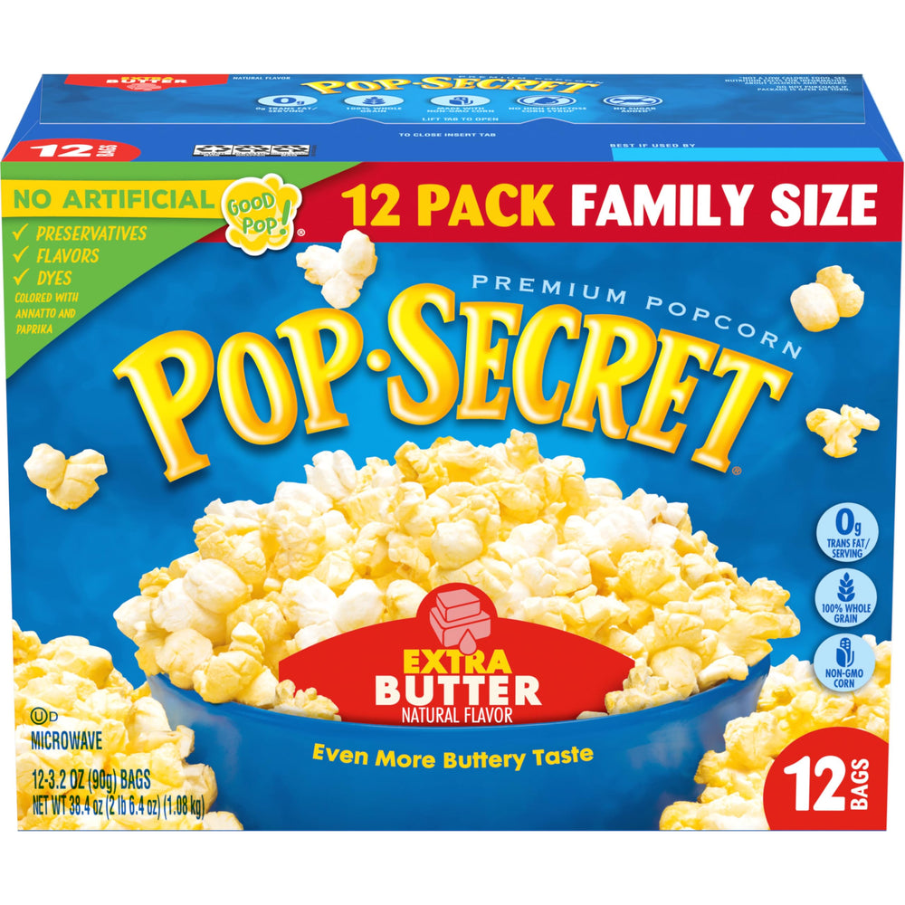 Pop Secret Extra Butter popcorn bag steaming for movie night.