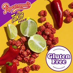 Popcornopolis Fuego Takis bag side features gluten-free note for snack lovers.