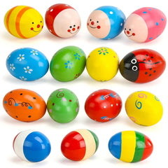 POPLAY egg shakers 15pc set packaging showcases durable wooden instruments for Easter baskets.