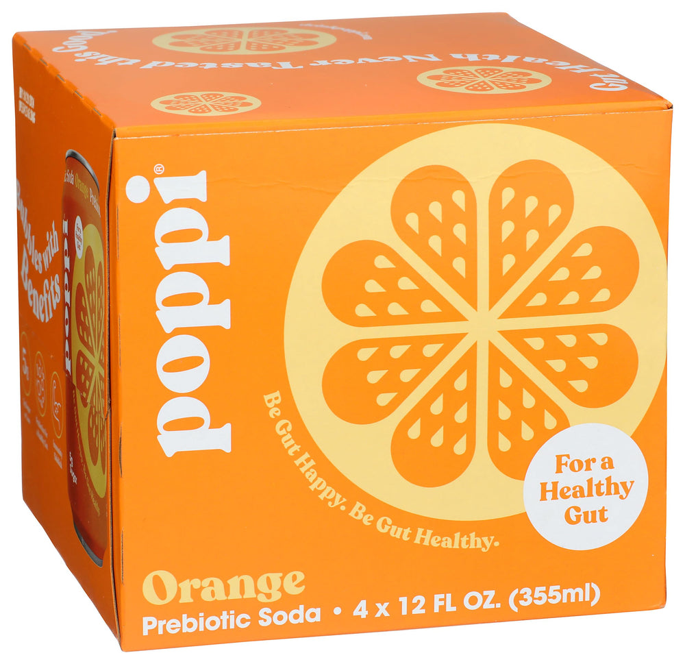 Poppi Orange Prebiotic Soda 4-pack front view for convenient on-the-go refreshment.