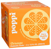 Poppi Orange Prebiotic Soda 4-pack front view for convenient on-the-go refreshment.