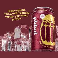 Poppi Root Beer in a glass with ice, ready to sip.