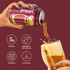 Close-up of Poppi Root Beer label, highlighting ingredients.